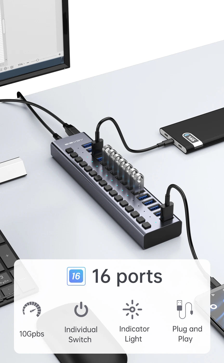 Acasis 16/10/7 Port USB Hub 10Gbps Individual Switch Charging Data Transfer for PC Laptop Workstation Multi Device Expansion