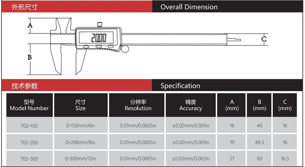MaxGeek Rechargeable Digital Vernier Caliper with Back Light Function USB-C Charging Measuring Tools 150mm/200mm/300mm