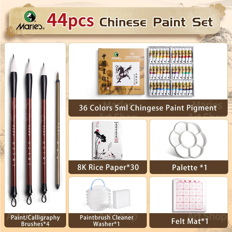 Marie's Chinese Paint Pigment Set,12/18/24/36 Colors 5ml/0.17oz Sumi Watercolor with 8pcs Art Tools for Landscape,Ink,Writing
