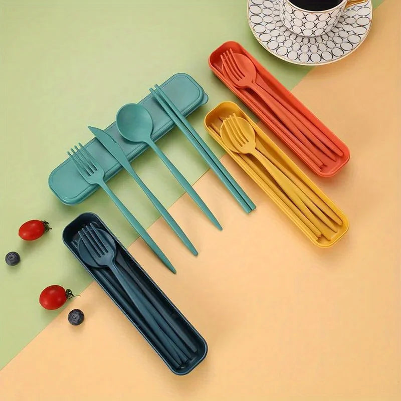 4PCS/Set Wheat Straw Tableware Box Spoon Fork Chopsticks Cutlery Dinnerware Children Adult Travel Portable Kitchen Accessories