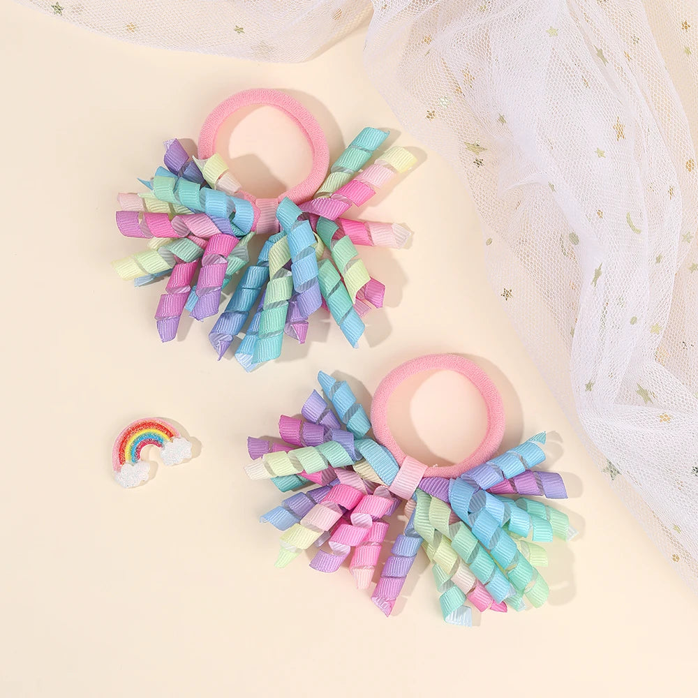 2Pcs Trendy Firework Hair Ties Rainbow Curly Ribbon Elastic Rubber Bands For Girls Kids Cute Hair Ropes Daily Hair Accessories