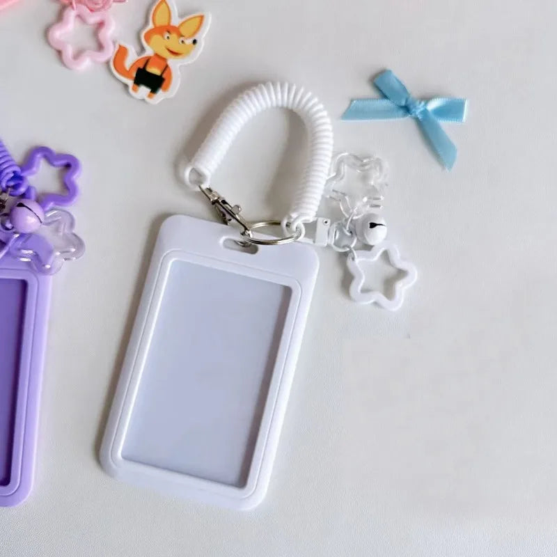 Cute Simple Protective Card Holder with Keychain Colorful Star Retractable Spring Lanyard ID Card Photo Postcard Holder Charms