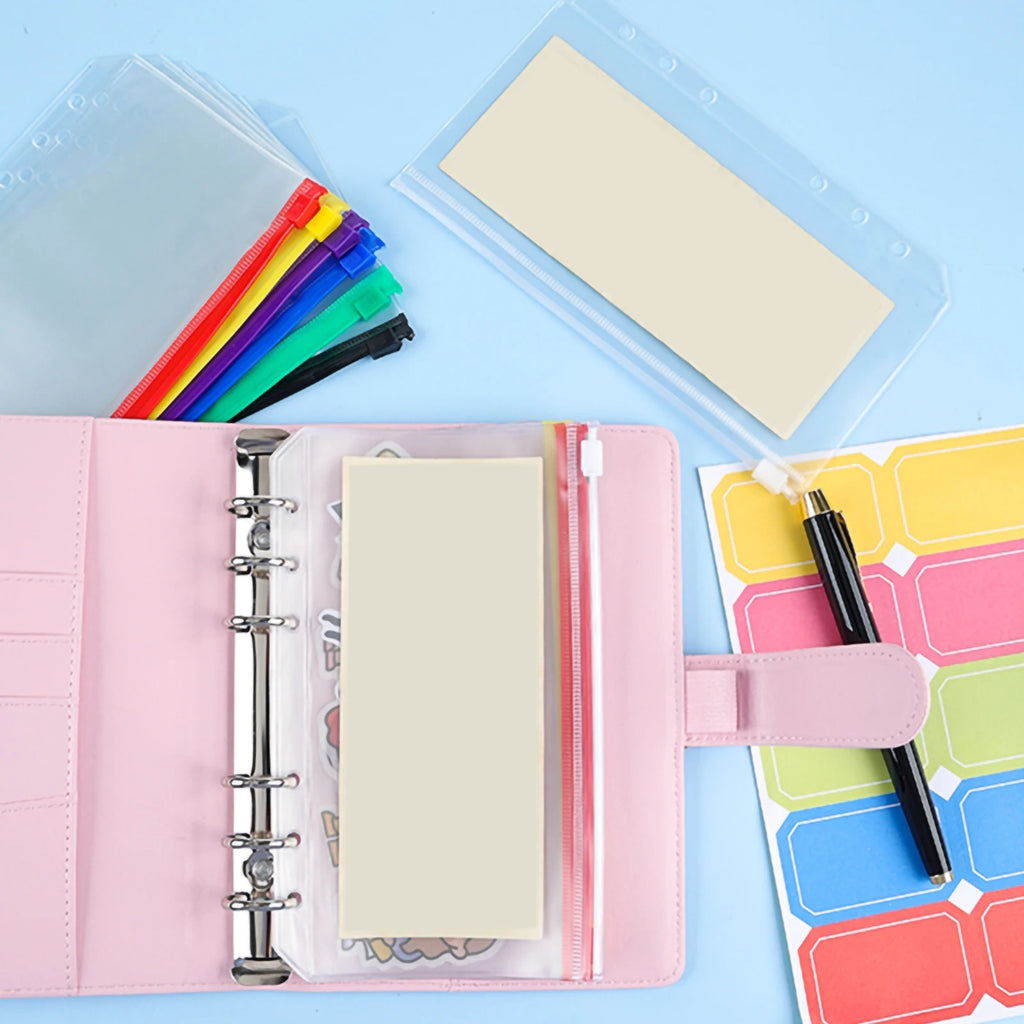 12Pcs A6 Binder Pockets Transparent PVC 6-Hole Binder Pockets Zip Folder Plastic Money Budget Envelopes