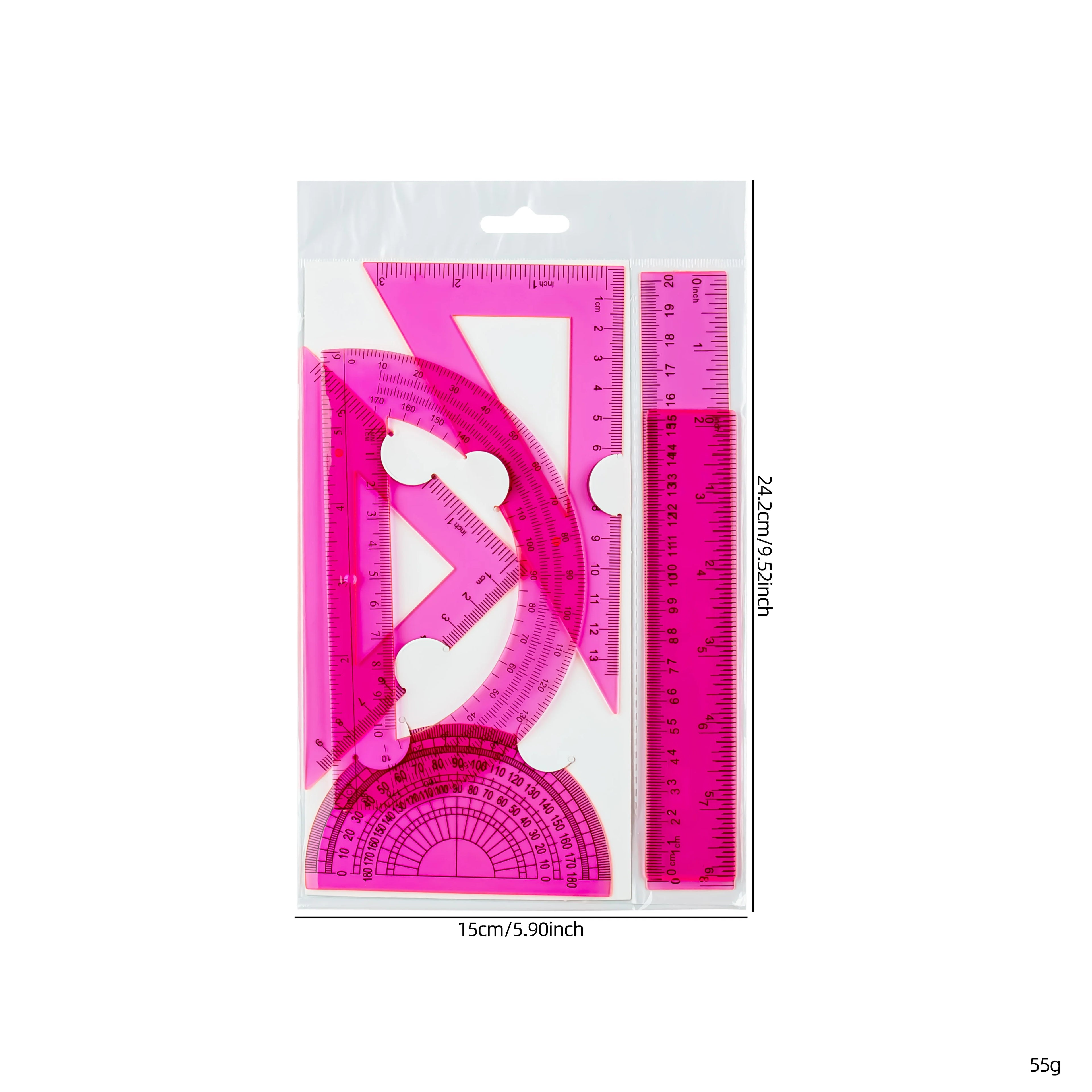 6-Piece Ruler Set - Includes Straight Rulers, Protractor, and Triangles for Accurate Measuring and Drafting
