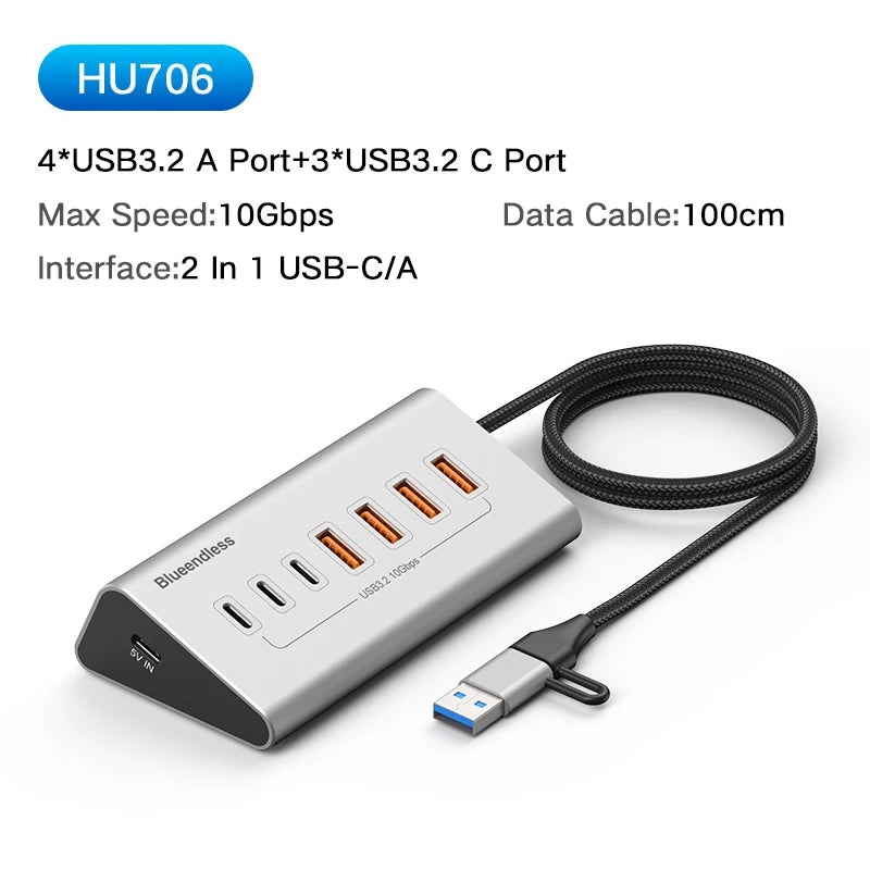 Blueendless Aluminium 10Gbps USB3.2 Gen2 4/10port HUB Docking Station USB-C USB-A Type C Splitter Adapter for PC Laptop macbook