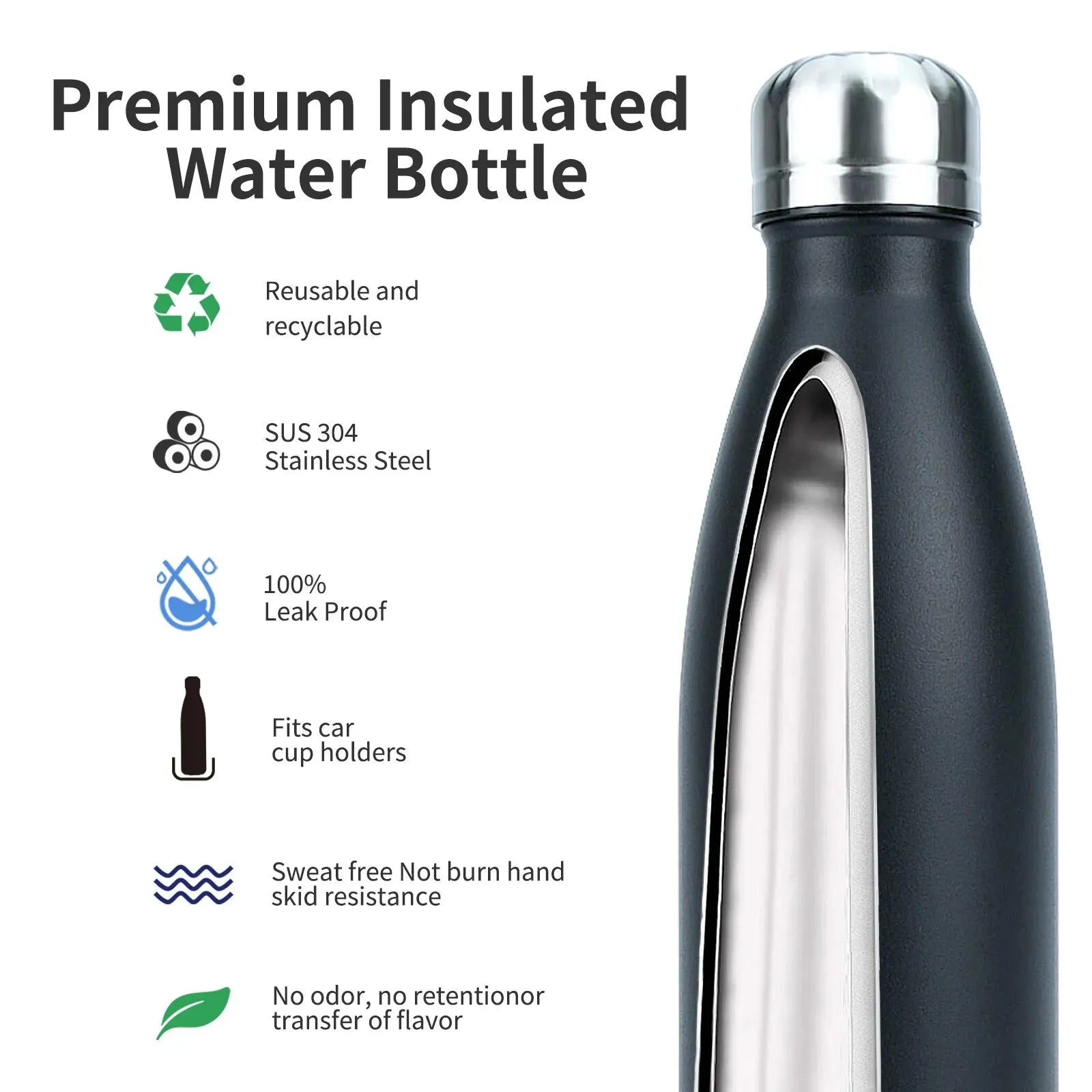 WATERSY 500ml Stainless Steel Water Bottle Insulated Vacuum Flask Double Wall Thermal Cup Keep Cold Hot Sports Kettle