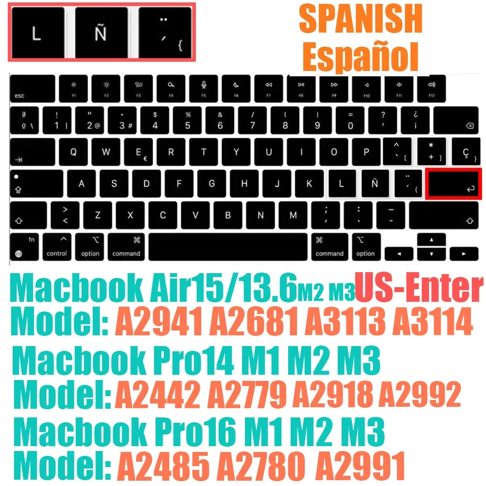 Keyboard Protective Film Silicone for 12-16' MacBook Air/Pro M1 M2 M3 Spanish Keyboard Cover Soft Protection Accessories Black
