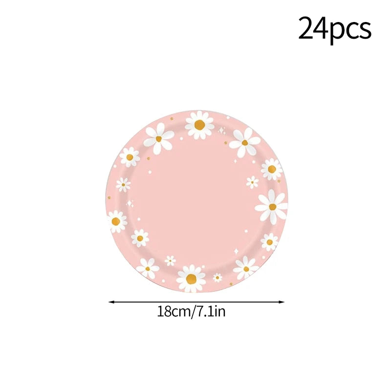 24pcs 7/9inch Pink Daisy Theme Disposable Tableware Flower Plate Napkin Banner Birthday Party Baby Shower Wedding Decor