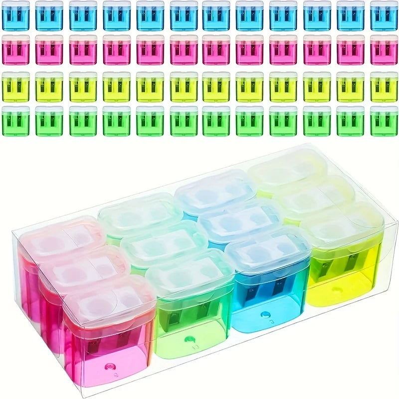12pcs Pencil Sharpener, Large Barrel with Transparent Lid, Double Barrel with Lid Plastic Pencil Sharpener