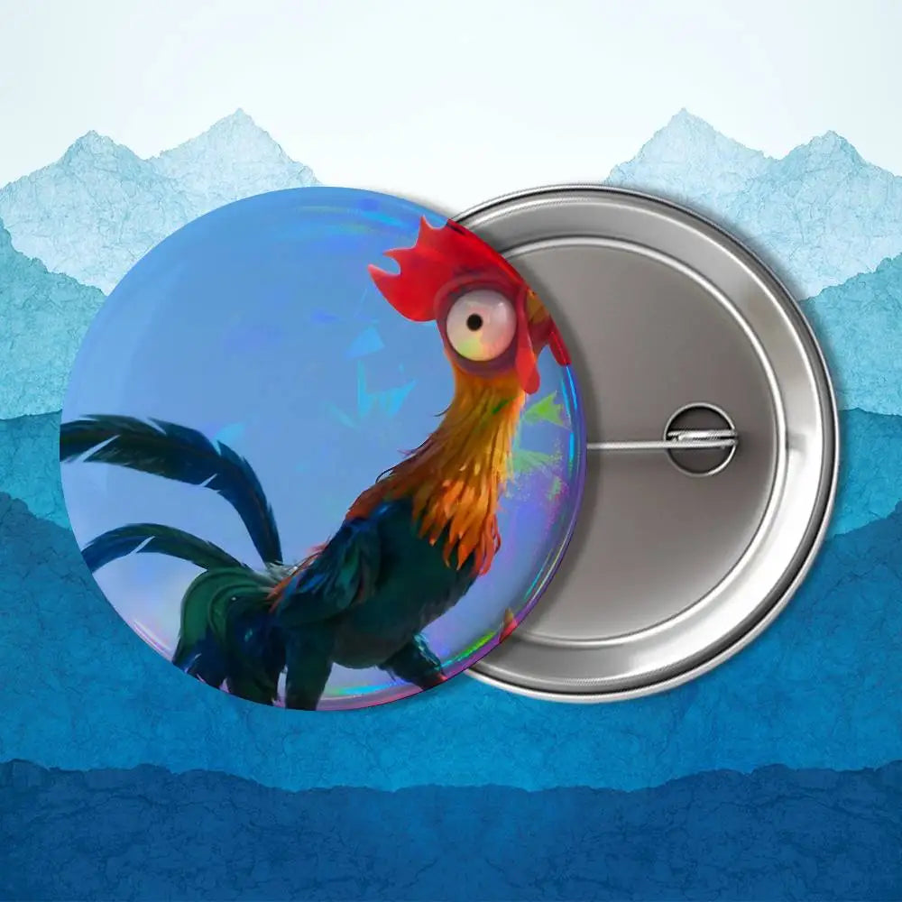 Heihei blakc Moana name Tamatoa Badge on Backpack Clothes decoration Tinplate Round Brooch Funny Custom Gifts for Friend