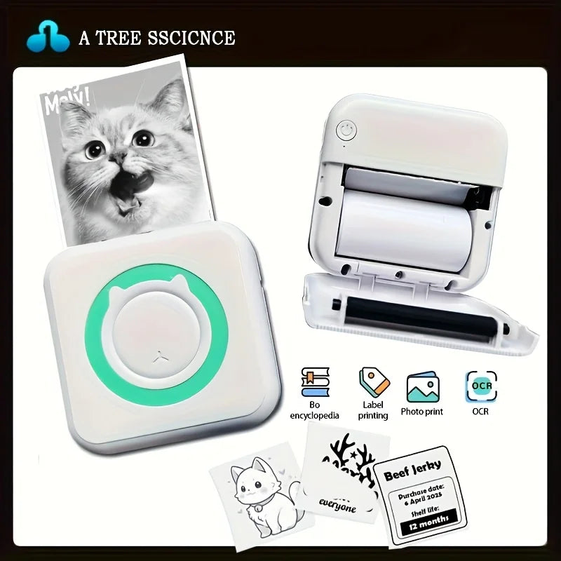 Portable Mini Label Printer - 57mm Wide, 200dpi Photo Printing, Rechargeable USB-Powered, Compact Design for Home Office
