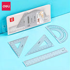 Deli 4Pcs Student Stationery Set Triangle Ruler Straight Ruler Grid Ruler Angle Measuring Tool Aluminum Alloy Material