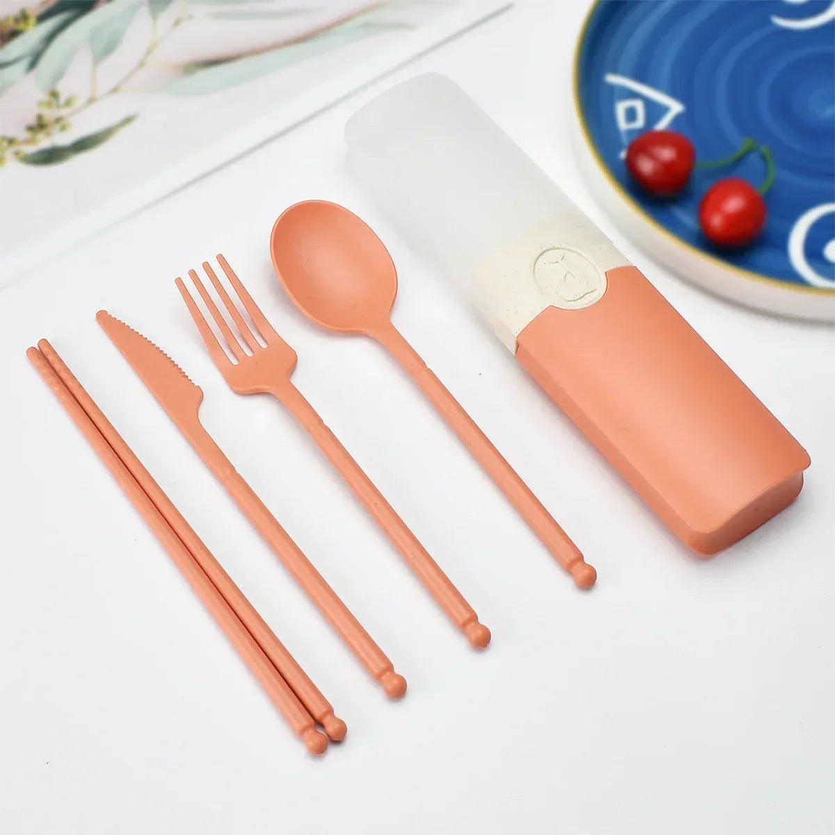 Portable Reusable Spoon Fork Travel Picnic Chopsticks Wheat Straw Tableware Cutlery Set With Carrying Box For Student Office