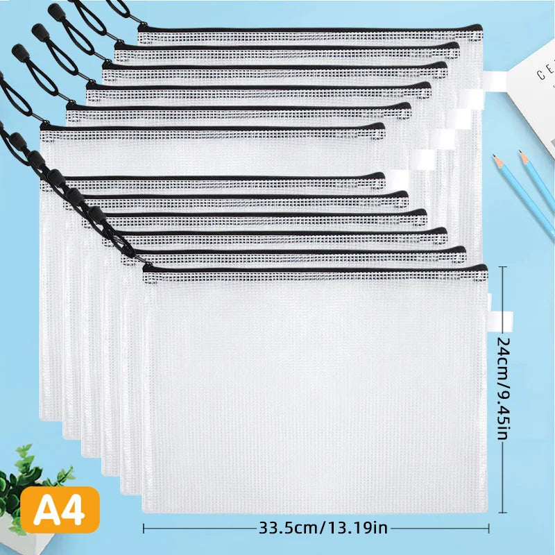 12-Piece Plastic Mesh Zip File Bag, Waterproof and Tear-Resistant File Folder, Multi-Size Zip File Bag for School Office Home Tr