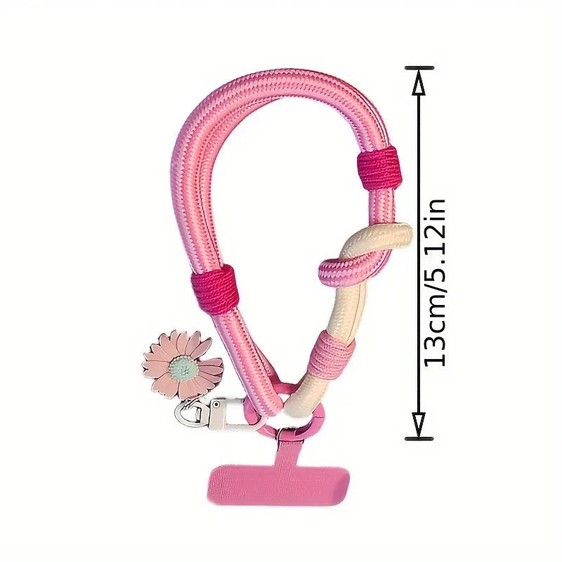 Cute 3D Flowers Adjustable Phone Lanyard Wrist Strap 2-in-1 Short Hand Rope Woven Stylish Mobile Accessory for Men and Women
