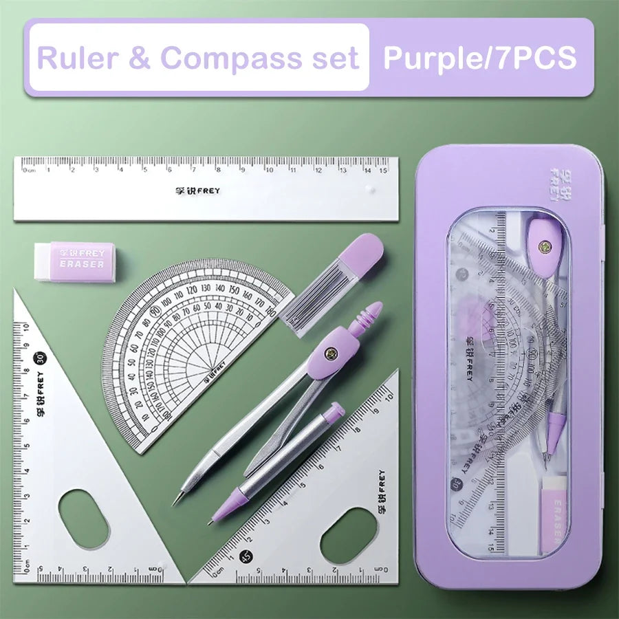 7Pcs Back to School Math Geometry Set, Multi-Function Drawing Tools with Compass, Rulers for Students School Supplies Stationery