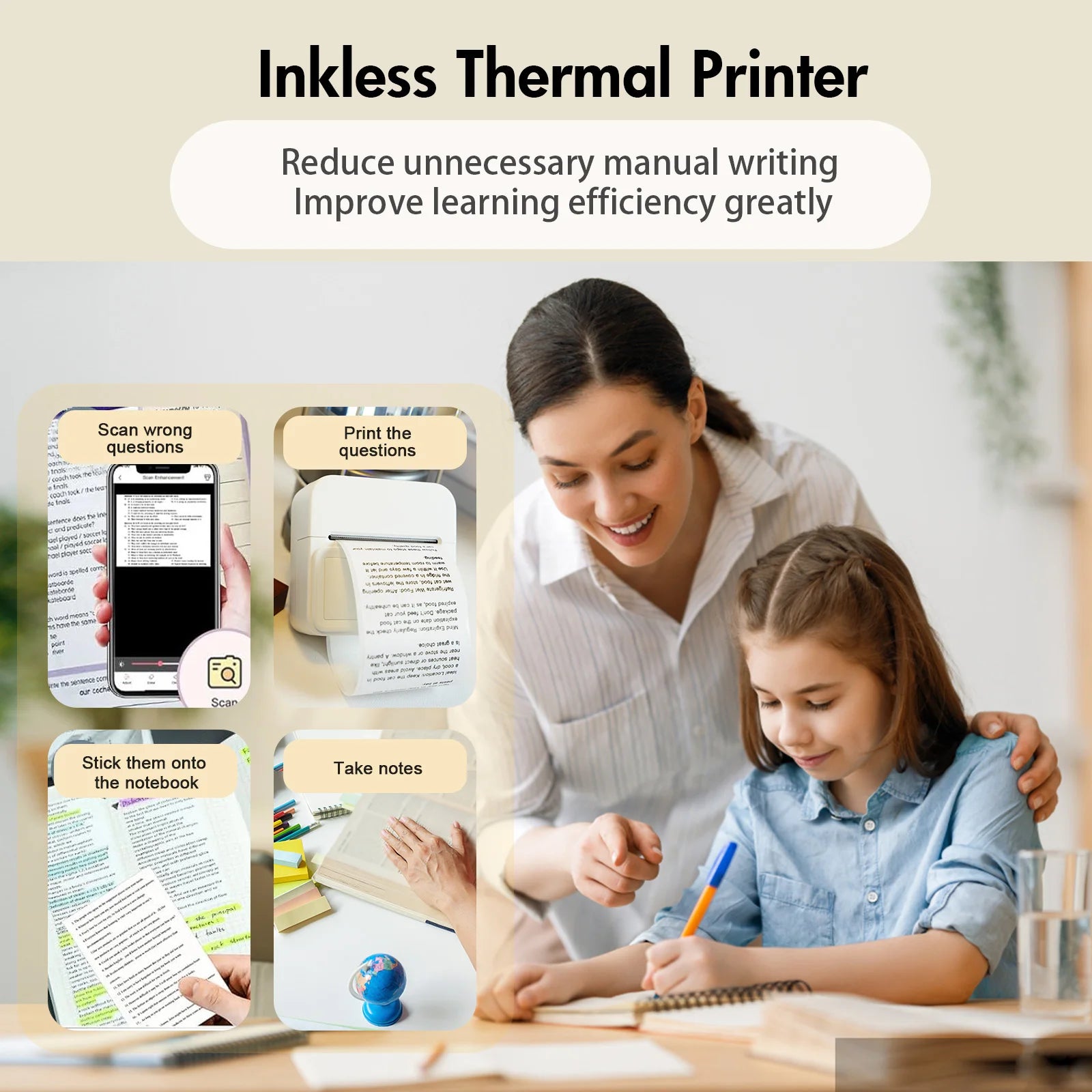 Inkless Thermal Label Printer Portable Bluetooth Pocket Label Maker Home Study with 1roll Stickable Label Paper PC Android IOS