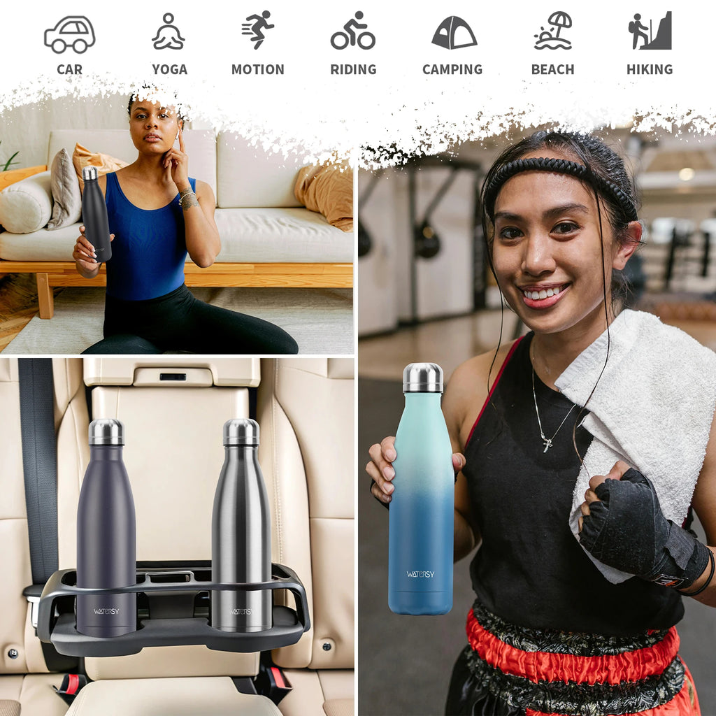 WATERSY 500ml Stainless Steel Water Bottle Insulated Vacuum Flask Double Wall Thermal Cup Keep Cold Hot Sports Kettle