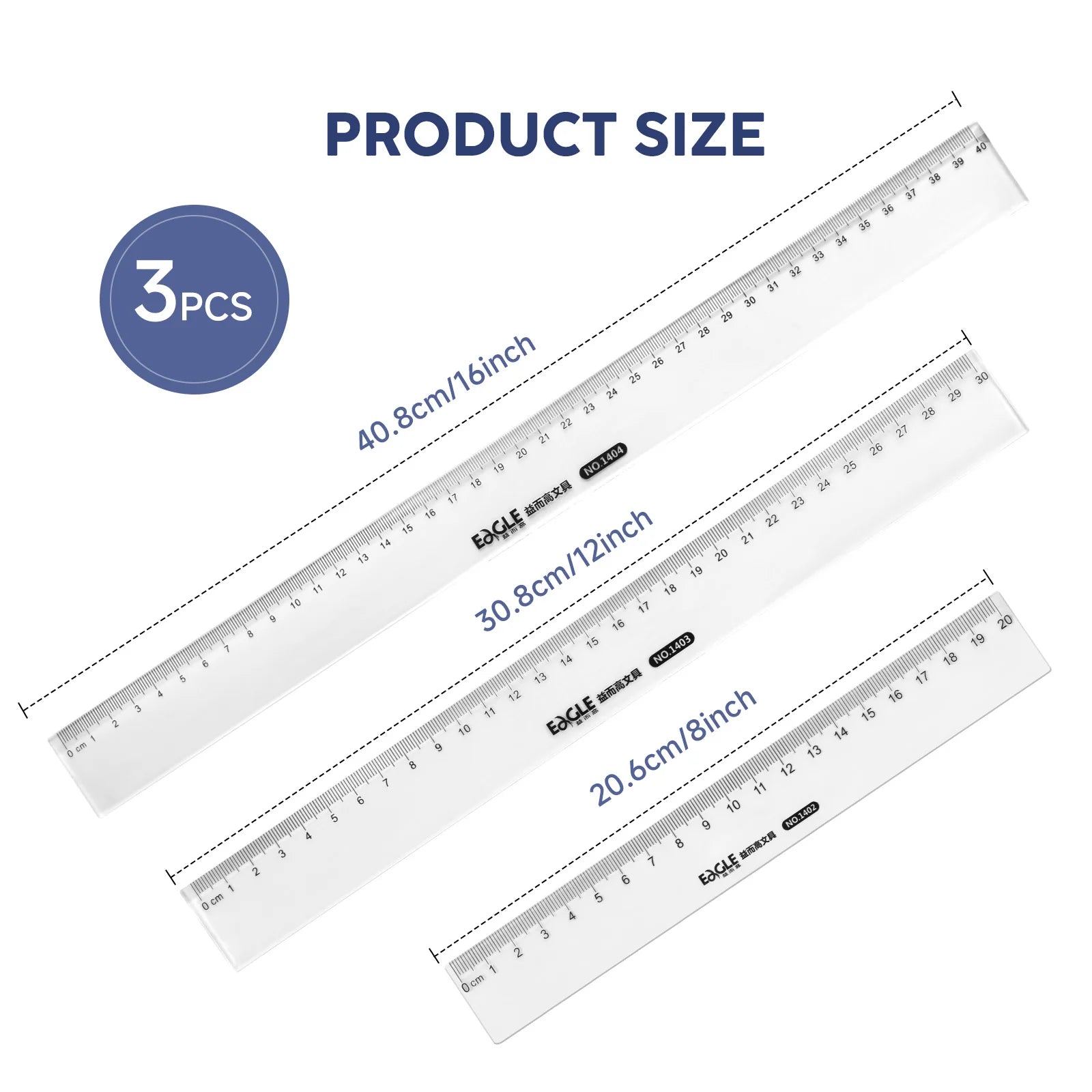 3Pcs Transparent Ruler Set 20/30/40cm, Thin & Strong Shatterproof, for Engineering Drawing, Office, School, Measurement Tools