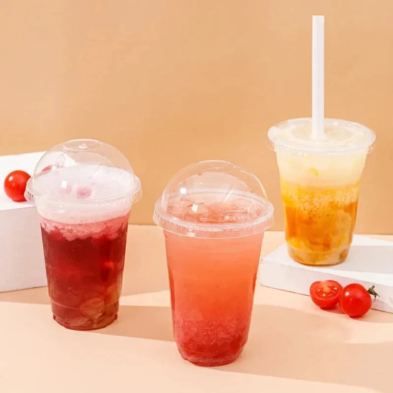 Clear Plastic Beverage Cups with Lids Disposable Cold Drink Containers for Milk Tea Juice Iced Coffee Ice Cream Dessert Party