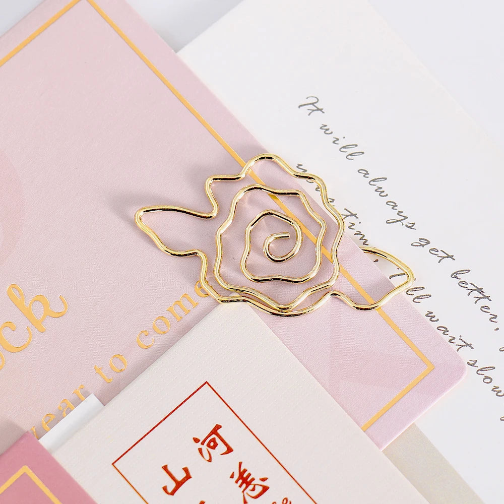 10pcs Gold Rose Flower Paper Clip Wholesale Metal Diy Flower Planner Stationery Supplies Bookmark Gift Shaped Paper Clips