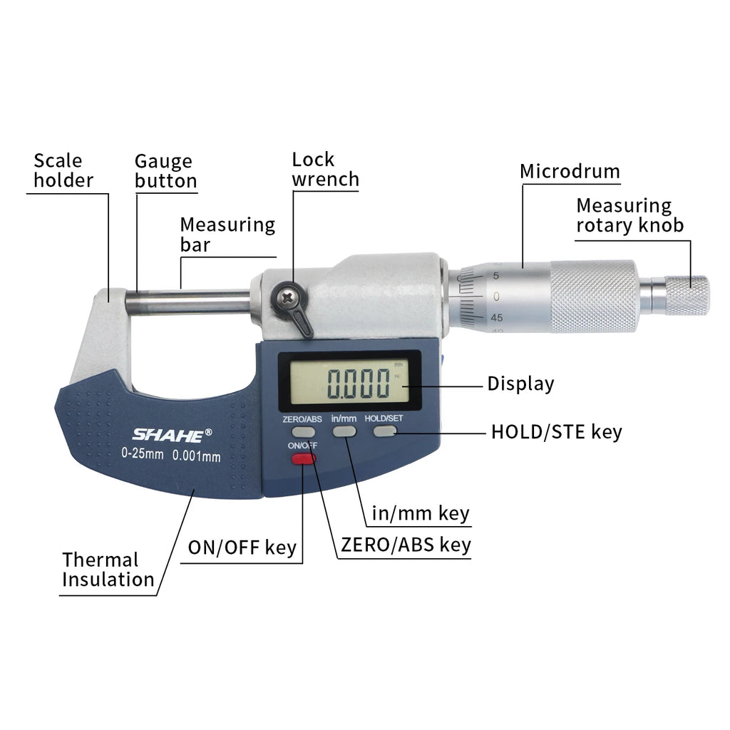 SHAHE 0.001mm Electronic Outside Micrometer 0-25mm Digital Micrometer Electronic Digital Caliper Gauge