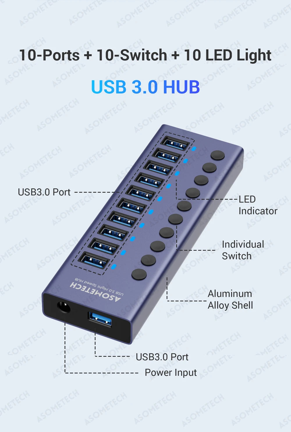 4/7/10 Ports USB 3.0 Hub Multiple Splitter 12V Power Adapter with On/off Switch USB Splitter High Speed Hub for MacBook Laptop