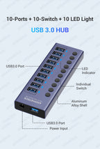 4/7/10 Ports USB 3.0 Hub Multiple Splitter 12V Power Adapter with On/off Switch USB Splitter High Speed Hub for MacBook Laptop