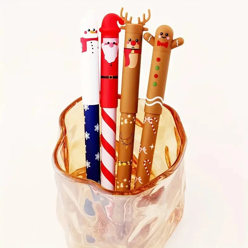 4 Types of Christmas-Themed Erasable Gel Pens Featuring Designs of Santa Claus, Snowmen Reindeer Gingerbread Erasable Pens