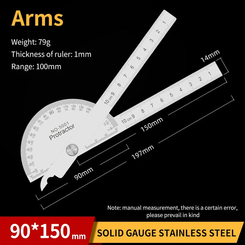 LUXIANZI Stainless Steel Protractor Angle Ruler 180 Degree Guage Woodworking Carpentry Tool Measuring Angle Meter Goniometer