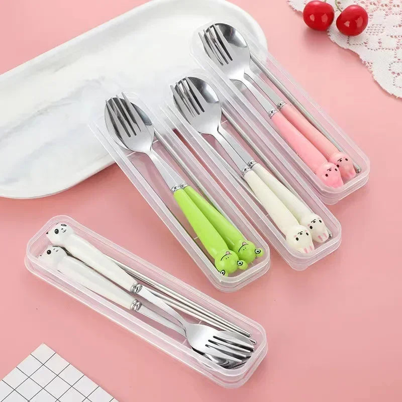 Cute Cartoon Travel Tableware with Case Portable Utensils Cutlery Set Reusable Flatware Silverware Include Fork Spoon with Case