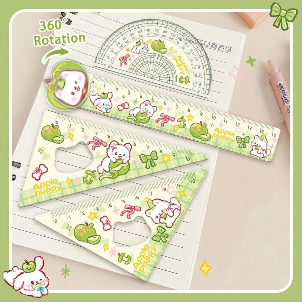 4pcs New Acrylic Ruler Set Red Kitten/Green Puppy Measurement Drawing Stationery Straight Ruler Set Square School Office