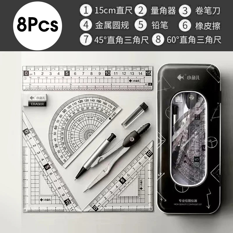 8 In1 Compass Ruler Set Mathematical Geometry Plate Stationery Math For Students Drawing Accessori 2220