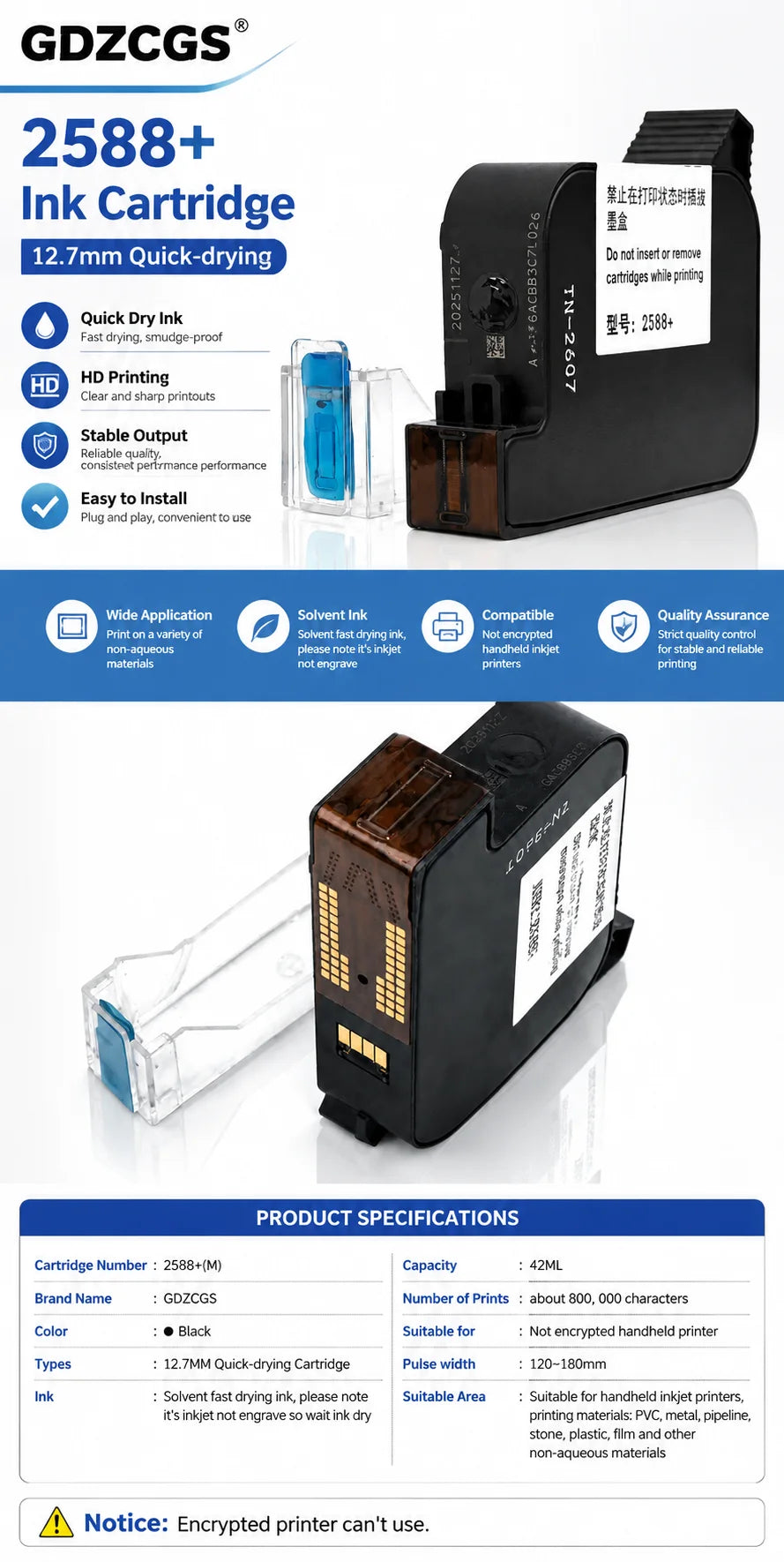 2588+ 2588 2588+M 42ML Ink Cartridge Quick-drying 12.7mm Print Height Universal for unencrypted handheld printer Black