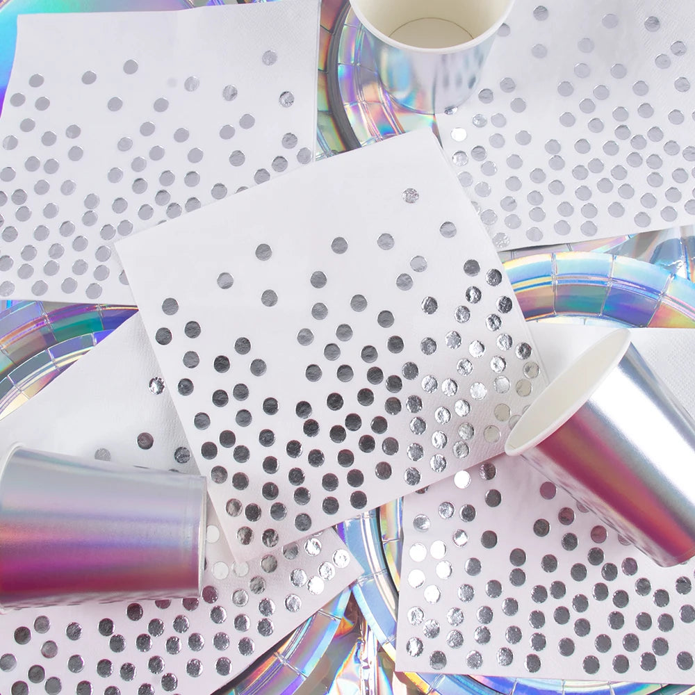 Silver Laser Paper Disposable Tableware Set Dinner Paper Plate Cup Napkin Tablecloth for Birthday Party Retirement Wedding Party