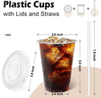 16 oz Clear Plastic Cups with Lids and Straws Disposable Plastic Coffee Cups with Lids for Iced Coffee Cold Beverages, Smoothie