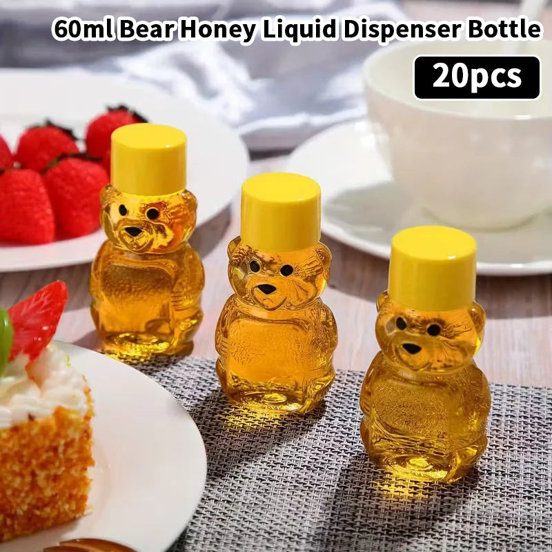 20pcs Plastic Transparent Disposable Cartoon Bear Juice Bottle, Small Capacity Dispensing Bottle, 60ml Honey Bottle