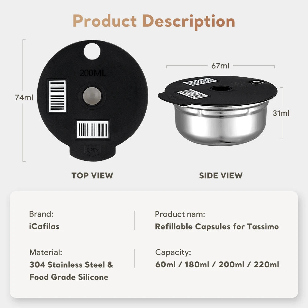 For Bosch Tassimo SUNY  HAPPY VIVY Refillable Coffee Filters Stainless Steel Coffee Capsule Pod Silicone Cover 60/180/200/220ml