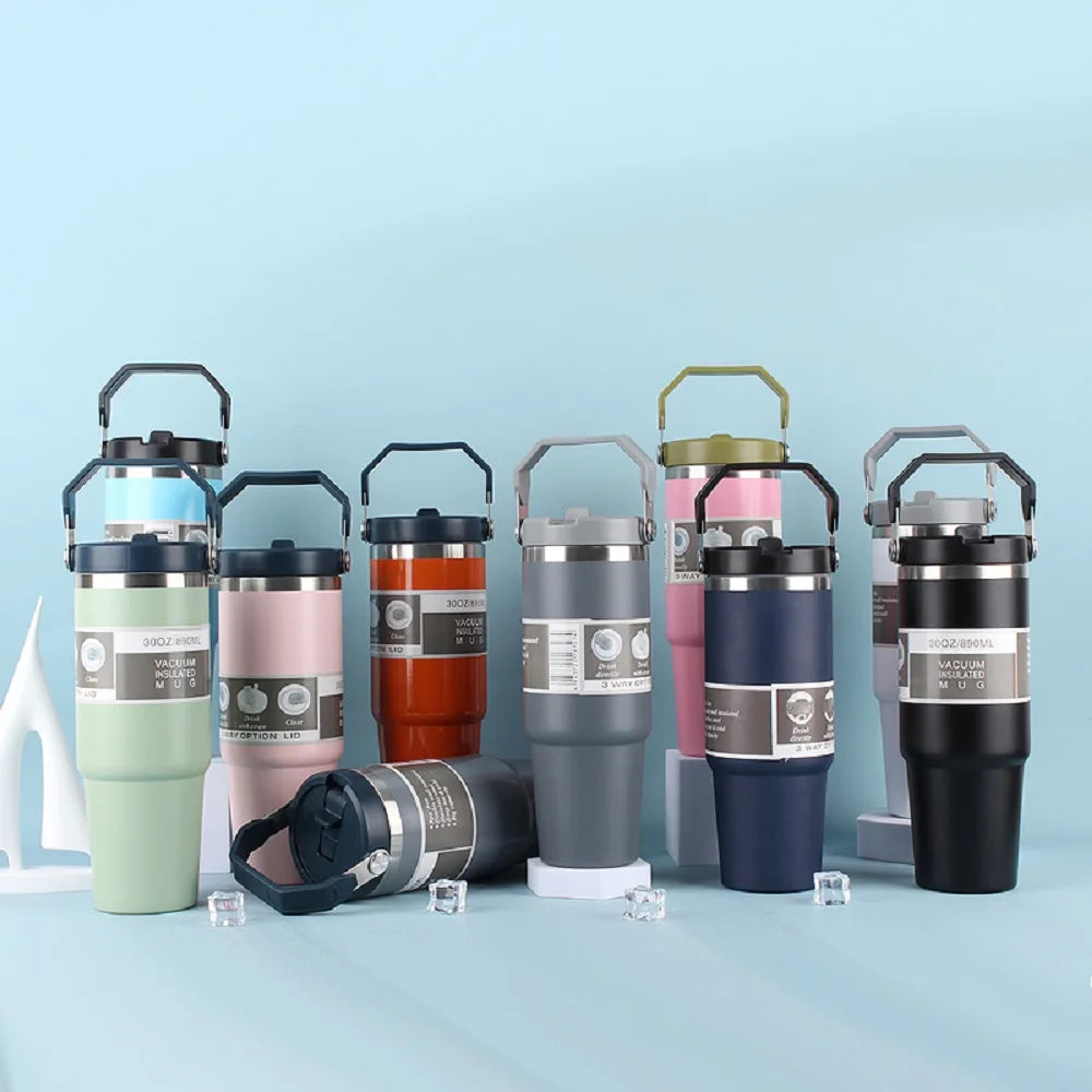30OZ Portable Car Cup Stainless Steel Thermos Cup with Straw Travel Sports Water Bottle With Handle Cover Coffee Vacuum Flask