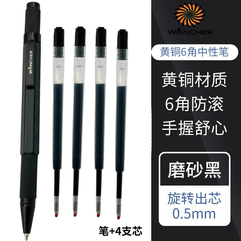 WANCHER Ballpoint Pen Original Hexagon Brass Metal Rotary Black 0.5mm Refill Replaceable W1558 Office School Stationery
