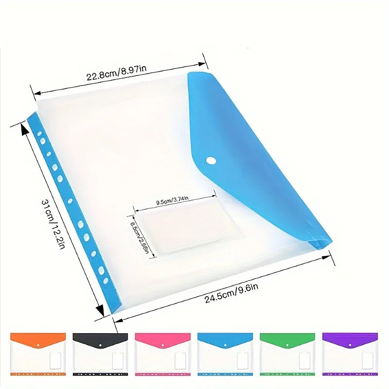 6 Pcs A4 Plastic Envelope with Adhesive Snaps 11-Hole Expansion Bag for 2/3/4 Ring Binders School Office File Storage Organizer