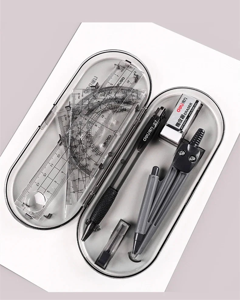 DELI Professional Drafting Tools Set 8PCS Drawing Kit with Compass Ruler Protractor Geometry Set for Students