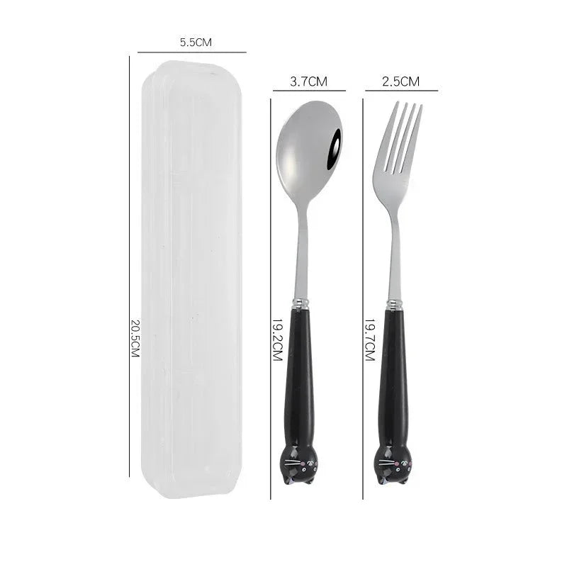Cute Cartoon Travel Tableware with Case Portable Utensils Cutlery Set Reusable Flatware Silverware Include Fork Spoon with Case