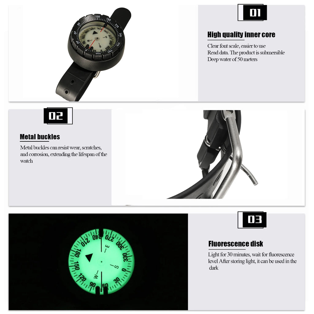 Digital Scuba Diving Compass 50m Waterproof Navigator, Professional Luminous LED Wrist Watch with Balanced Design for Snorkeling