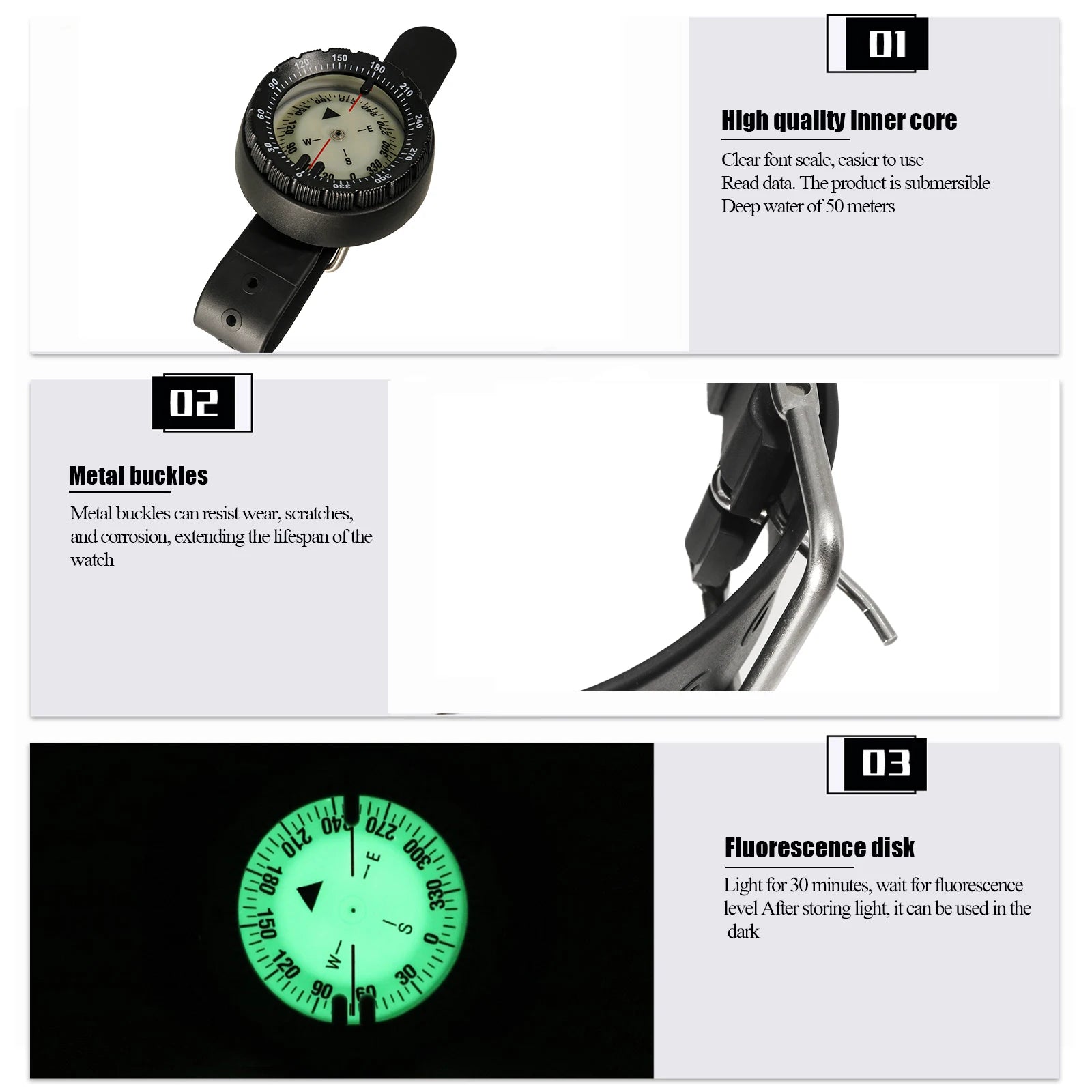 Digital Scuba Diving Compass 50m Waterproof Navigator, Professional Luminous LED Wrist Watch with Balanced Design for Snorkeling