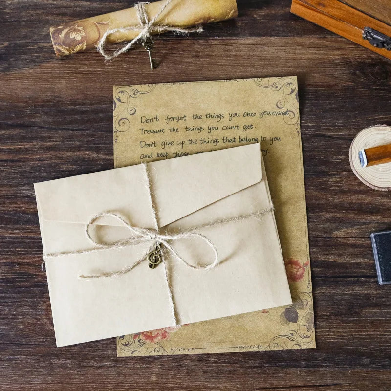 Retro Vintage Kraft Envelope Letter Pad Set Old Europe Style Love Letter Invitation Envelopes Writing Paper With Rope