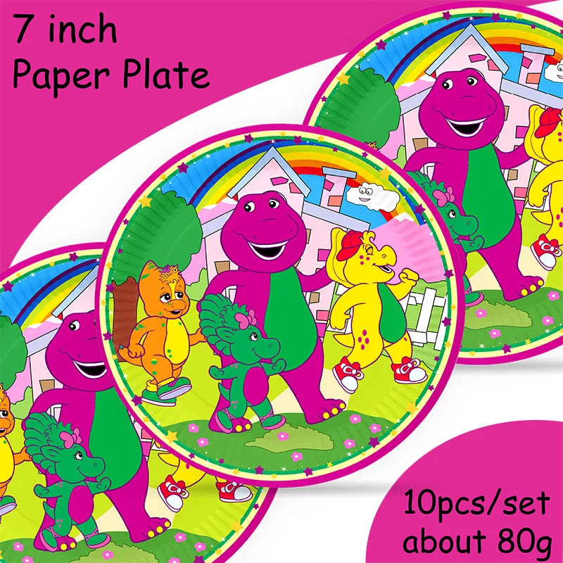 Dinosaur Barney Party Supplies Decorations Kids Birthday Disposable Tableware Tablecloth Cups Plate Party Theme Favors