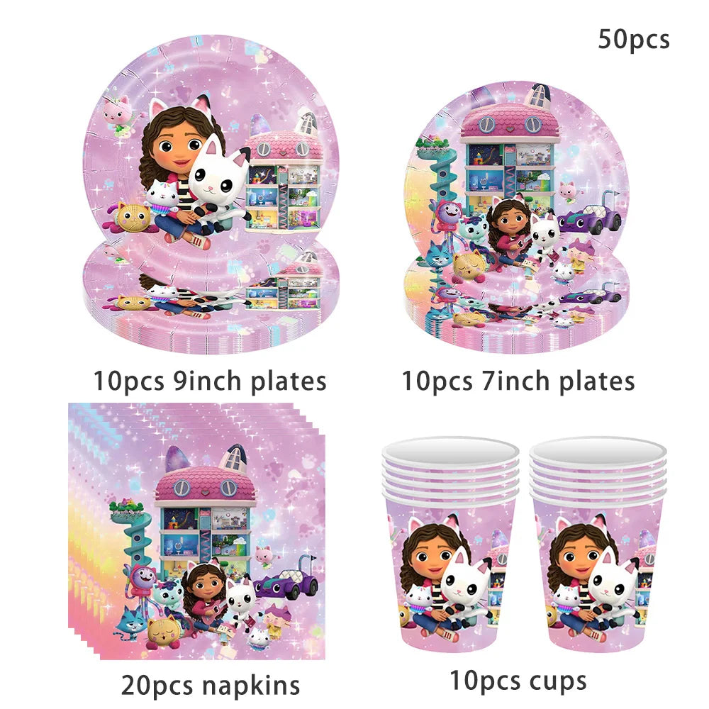 50-1pcs Gabby Dollhouse Birthday Party Plates Cups Napkins Cat Girls Disposable Tableware Kids Happy Birthday Decor Supplies
