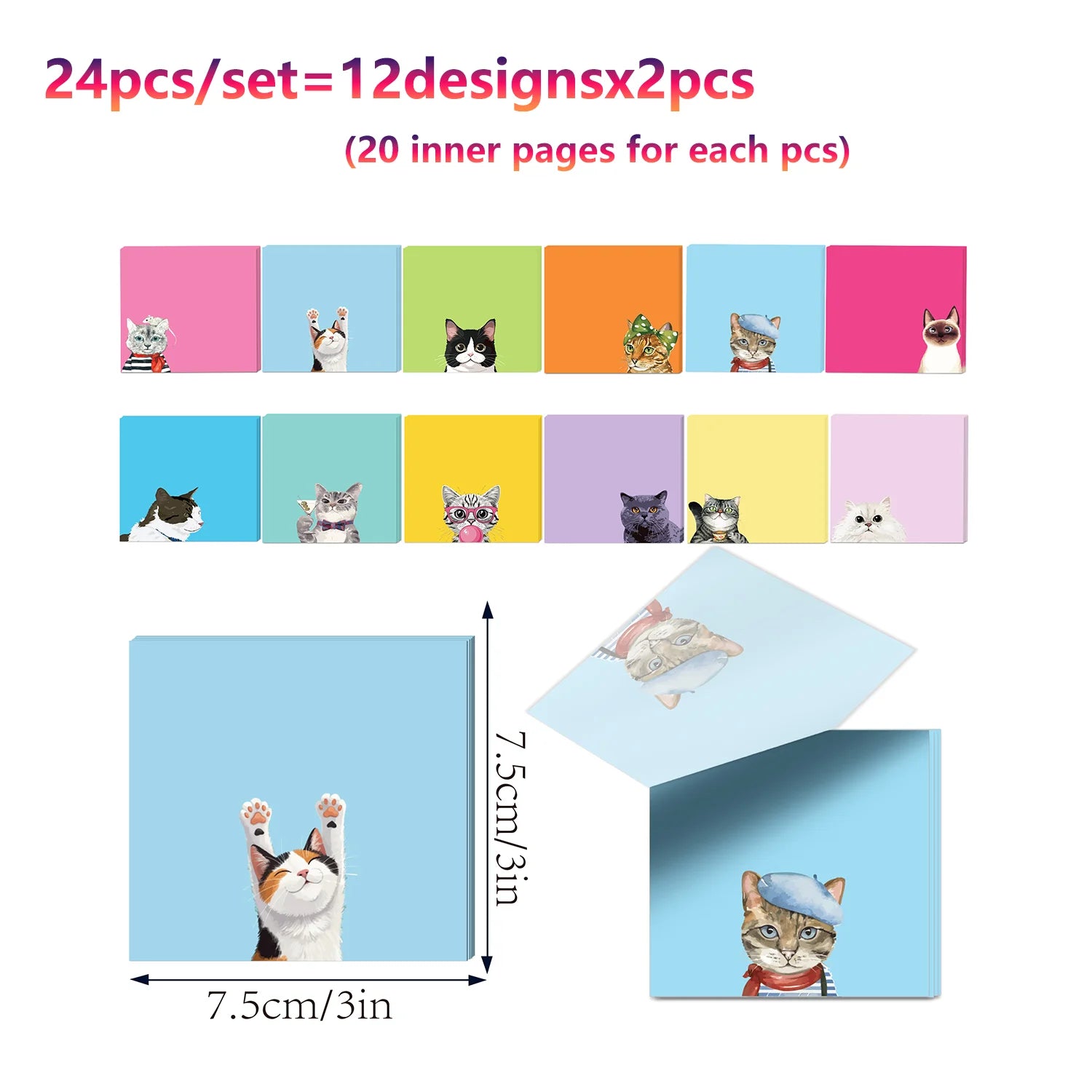 12/24pcs Cute Animals Sticky Notes Set, Refrigerator Memo Pads,Self-Stick Dog Cat Notes Pads for Home Office Gifts Supplies