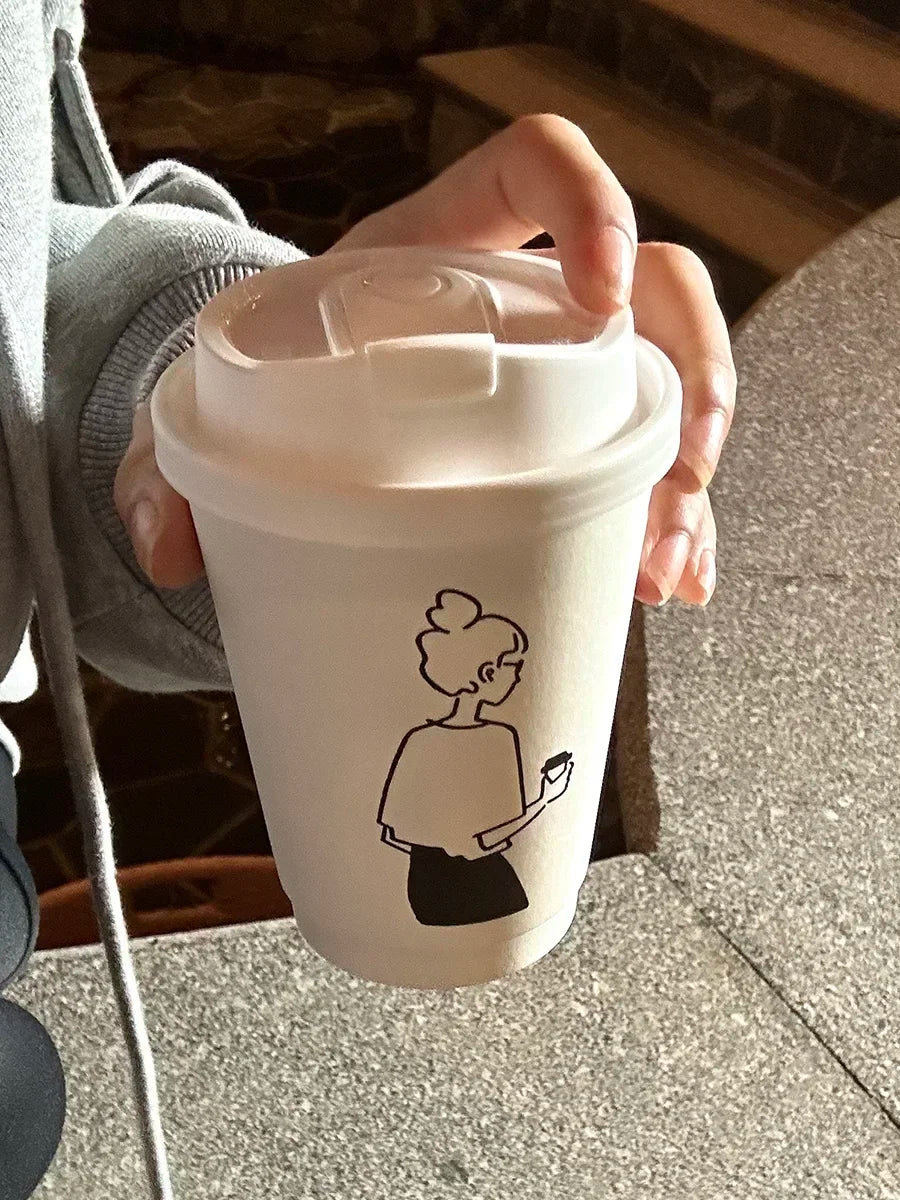 50 Sets of Coffee Packaging Cups Thickened and Heat-resistant Disposable Paper Cups Handdrawn Boys and Girls Juice Milk Mug